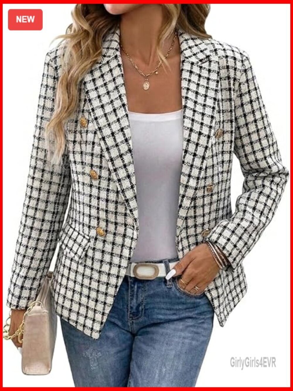 Petite Tweed Blazer Slim Fit Double-Breasted Fully-Lined Work Casual